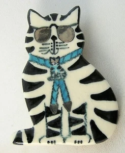 1990's Cool Cat Pin w/ Sunglasses Lola Barb Porcelain Black & White Tabby Cat - Picture 1 of 5