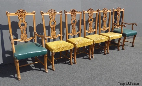 Set of Six Vintage Rococo French Provincial Ornately Carved Dining Chairs Louis Cover