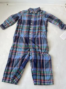 Polo Ralph Lauren Größe 12 Monate Baby Jungen Stretch karierter Overall marineblau/rot bunt neu mit Etikett - Bild 1 von 5