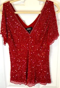 Camicetta Adrianna Papell Boutique taglia XL rossa 100% seta perline svolazzante manica canotta - Foto 1 di 8