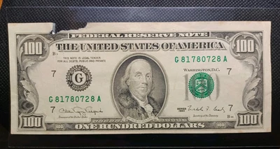 100 dollar bill 1990 Cut off center Error & Excessive ink Error (Piece torn off) - Image 1 of 4