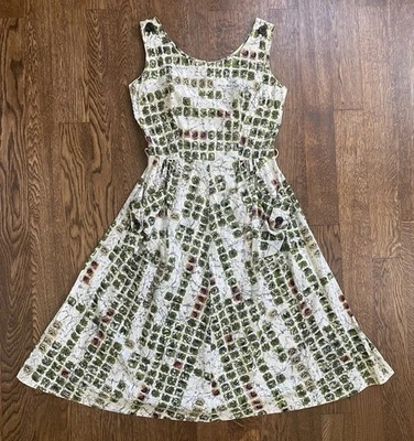 Vintage 50s Cotton Fit Flair Dress Novelty Print Small Garden Party Sleeveless - Image 1 of 4