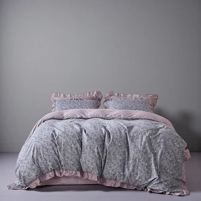 NEW Anthro Lavender Floral Ruffle Queen / King Cotton Bedding Duvet & Sham Set - Image 1 of 4