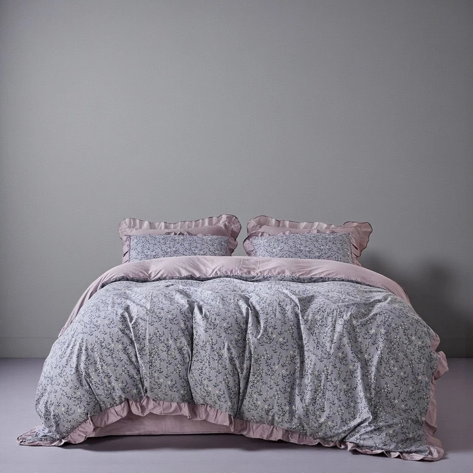 NEW Anthro Lavender Floral Ruffle Queen / King Cotton Bedding Duvet & Sham Set - Image 1 of 4