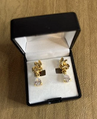 KAS 14KT Gold Plated Cz Pear Dangle Clip-On Earrings Faux Diamond Jewelry NIB - Image 1 of 4