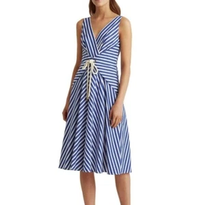 Lauren Ralph Lauren Nautical Blue Striped A-Line Sleeveless Midi SZ.4 NWT$155 - Picture 1 of 9