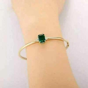 4Ct Emerald Lab-Created Emerald Diamond Bangle Bracelet 14KYellow Gold Plated 7" - Picture 1 of 4