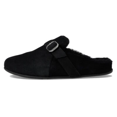 FitFlop Chrissie Buckle Shearling-Lined Suede Slippers Women’s Size 8 Black Clog - Image 1 of 4