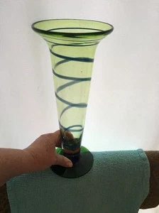 12" Tall Hand Blown Stretched Fluted Art Glass Vase- Blue/green - Picture 1 of 9