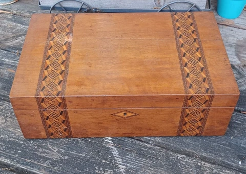 Antique Traveling Wood Inlay Writing Lap Desk w/ Glass Inkwell Cover