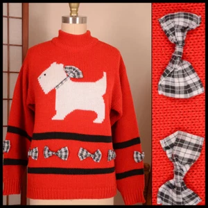 vtg 80s SCOTTIE DOG scottish terrier puppy lover 3D BOW UGLY XMAS SWEATER s  - Picture 1 of 10