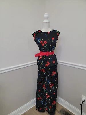 Vintage '70s Mod GoGo Hippie Poppyseeds Floral Belle Bottoms Pants Suit - Image 1 of 4