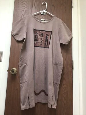 Vestido Is It Art bege asteca vintage impresso à mão por John Rankine 100% algodão, tamanho XL - Imagem 1 de 4