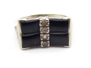 Vtg 10K White Gold Black Onyx Diamond Ring Sz 5.5 Estate .12 Carat TCW Deco  - Picture 1 of 6