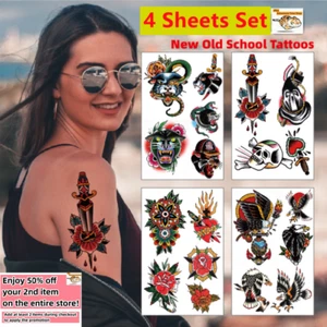 Set of 4 Sheets Waterproof Temporary Tattoo Stickers Old School Arm & Body Art - Picture 1 of 6