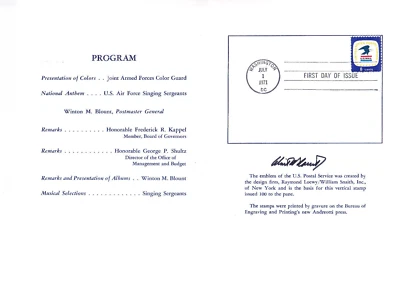 Signed. USPS First Day Ceremony Program #1396 Emblem - U.S. Mail 1971 - Image 1 of 3