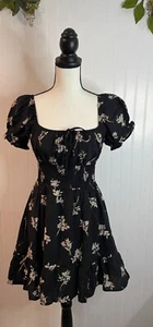 Hesperus Black Floral Puff Sleeve Smocked Dress With Ruffle Hem Small Size - Picture 1 of 14
