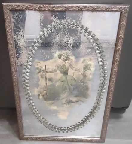 VIGNE Grapevine Woman Reverse Painting on Mirror w/Applied Ribbon Ornate Frame Cover