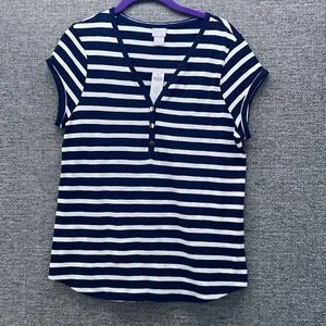 Chicos Womans Shirt Size 1 or M Preppy Nautical Striped White Navy Henley Shirt - Picture 1 of 13
