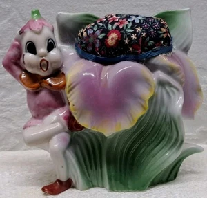 VTG Handpainted Flower Head PIXIE ELF Wall Pocket w/ Pin Cushion Royal Sealy - Picture 1 of 8
