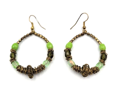 Artisan Boho Green Bronze Tone Wire Wrap Hoop Beaded Earrings Dangle Pierced - Image 1 of 4