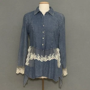 Given Kale Women Top L Blue Denim Lace Ruffle Western Cowgirl Glam Boho Festival - Picture 1 of 14