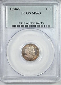 Moneda de diez centavos de peluquero 1898-S 10C graduación profesional MS63 - Imagen 1 de 5