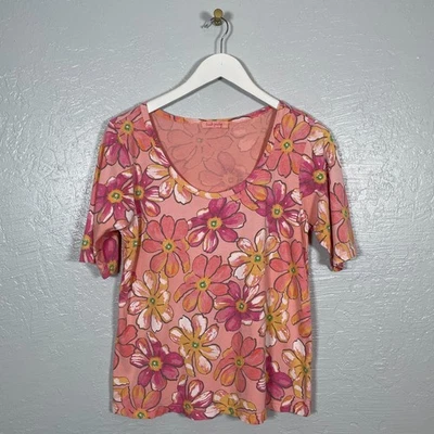 Fresh Produce Women L Pink White Yellow Floral Shirt Short Sleeve Scoop Neck - Image 1 of 4