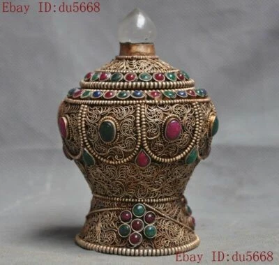 4,8"Tibete prata filigrana incrustada jade gema relíquia de osso budista tanque pote jarra - Imagem 1 de 4