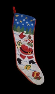 Medias vintage de lana con agujas de Santa con regalos de Navidad 19 pulgadas excelente - Imagen 1 de 3