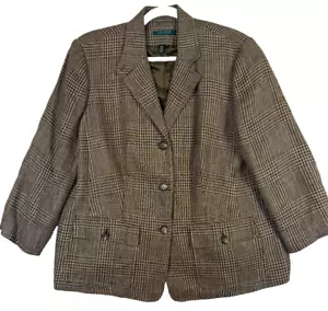 Ralph Lauren Linen Plaid Blazer Jacket Houndstooth Polo Equestrian Career 16W - Picture 1 of 9