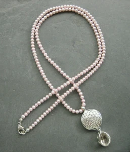 Perlenkette rosa 84 cm 925 Silber Blume des Lebens Bergkristall Design-Anhänger - Bild 1 von 6