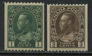Canada 1915 1 cents green & 3 cents brown Admiral Coil singles mint o.g. hinged - Picture 1 of 1
