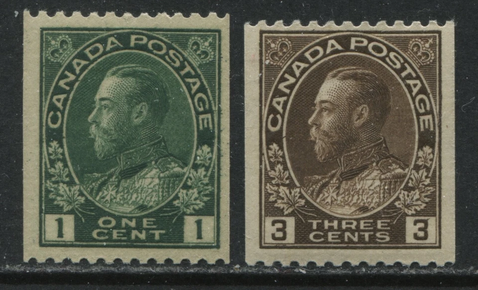 Canada 1915 1 cents green & 3 cents brown Admiral Coil singles mint o.g. hinged - Image 1 of 1