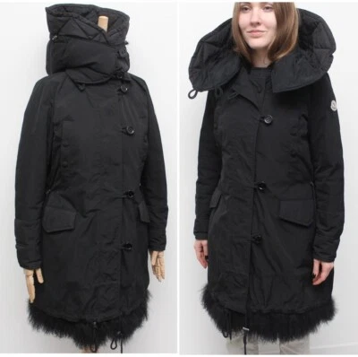 Женская MONCLER Nicole длинный вниз пуховик куртка парка с капюшоном черный РЕДКАЯ размер 2 - Изображение 1 из 4