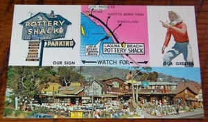Postal cromada vintage de The Pottery Shack and The Greeter en Laguna Beach, CA - Imagen 1 de 2