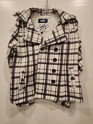 Sebby Womens Coat Vintage Sherpa Lined Hooded Size L Plaid Pea Coat Buttons  - Image 1 of 4