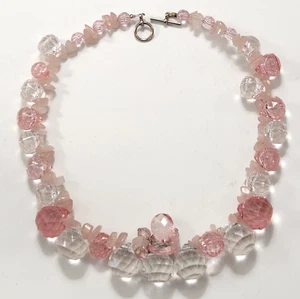 Vtg Pink Acrylic Faceted Crackle Beads/Rose Quartz Chips Necklace Retro Fashion - Picture 1 of 8
