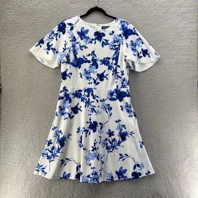 Lauren Ralph Lauren Dress Women 14 Petite White Blue Floral Fit Flare Preppy - Image 1 of 4