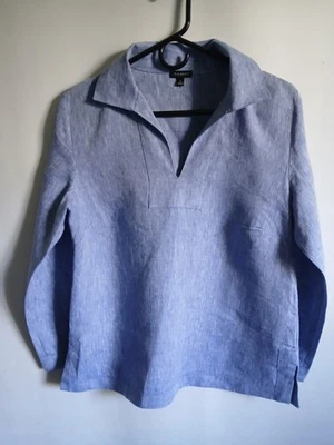 Talbots Blue Textured 100% Linen Pullover Collared Blouse Loose Fit SzS - Image 1 of 4