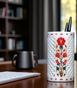 Soporte para bolígrafo de mármol con incrustación de cornalina de diseño floral de mármol blanco de 6" para mesa de oficina - Imagen 1 de 6