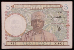 French West Africa 5 Francs Apr-22 1942 P-25 (SLIB-013-L1912) - Picture 1 of 2