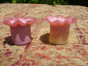 ANTIQUE 19THc. PAIR PEACH BLOW HAND BLOWN 2 1/4" TALL RUFFLED TOPS VASES - Picture 1 of 6