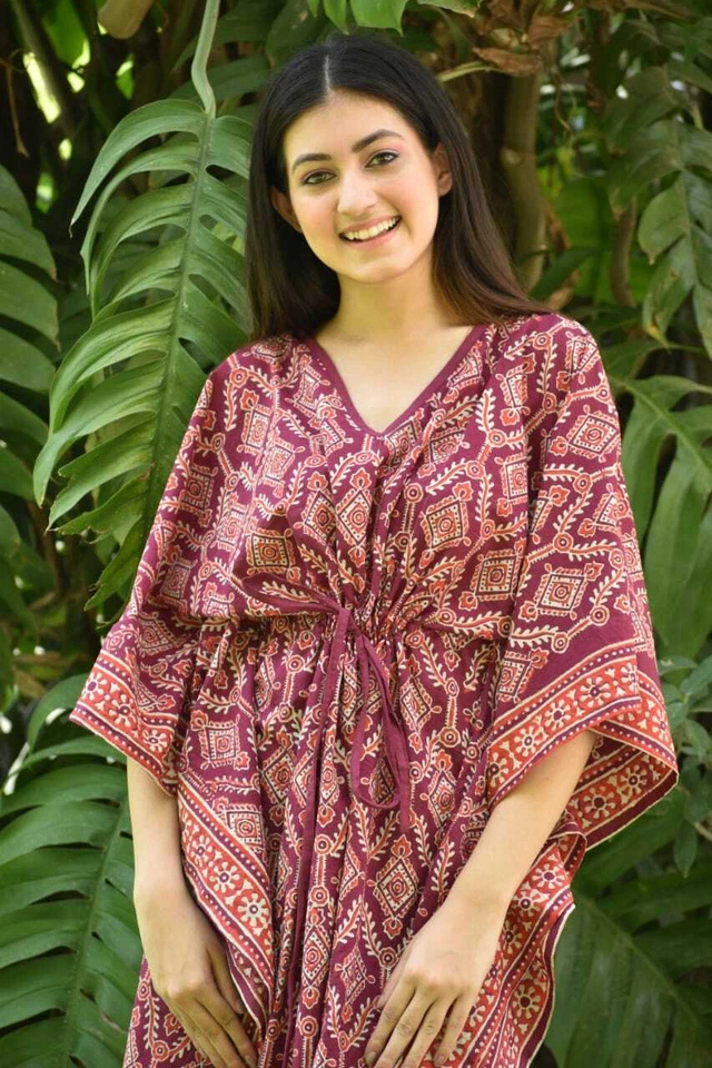 Maxi kimono largo de playa de caftán de algodón puro estampado caftán indio para mujer Foto 1 de 3