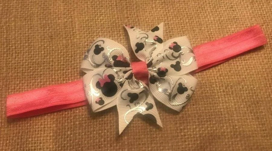 Minnie Mouse Inspired Swirl Pink Silver Pinwheel Bow Headband - Image 1 of 1