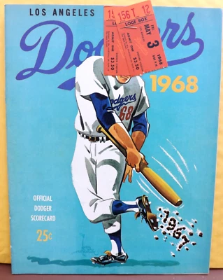 1968 LA DODGERS BASEBALL SCORECARD + 2 TICKET STUBS VS. REDS ROSE BENCH SUTTON - Image 1 of 4