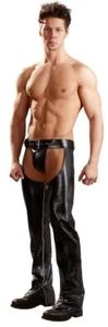 Black Men Classic Leather Chaps Loose Long Pants Motorcycle Fringed Trouser - Picture 1 of 4