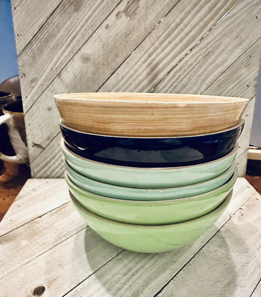 Juego de seis cuencos de bambú Transocean aspecto madera y pasta ensalada verde azul Foto 1 de 4