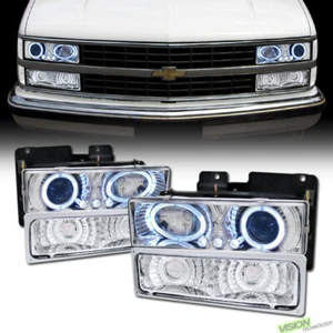 Chrome LED Halo Projector Headlights+Bumper Yd For 88-00 Sierra/Yukon/Suburban - Picture 1 of 2