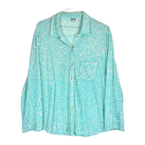 The Porter Collective Sequin Button Up Shirt Aqua Women's S (oversized fit) - Picture 1 of 6